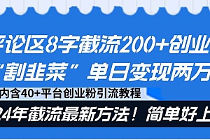 评论区8字截流200+创业粉“割韭菜”单日变现两万+24年截流最新方法!