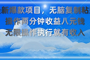 最新爆款项目,无脑复制粘贴,操作两分钟收益八元钱,无限操作执行就有…