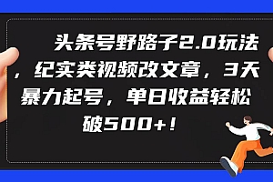 头条号野路子2.0玩法,纪实类视频改文章,3天暴力起号,单日收益轻松破500+