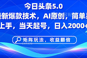 今日头条5.0最新爆款技术,AI原创,简单易上手,矩阵玩法,收益翻倍,当天起号,日入2000+