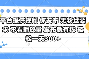 平台提供视频 你发布 无粉丝要求 不看视频播放量 发布就有钱 轻松一天300+