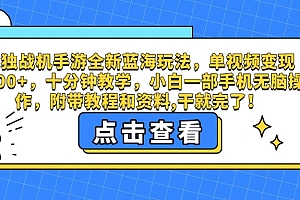 孤独战机手游全新蓝海玩法,单视频变现2000+,十分钟教学,小白一部手机无脑操作,附带教程和资料,干就完了!